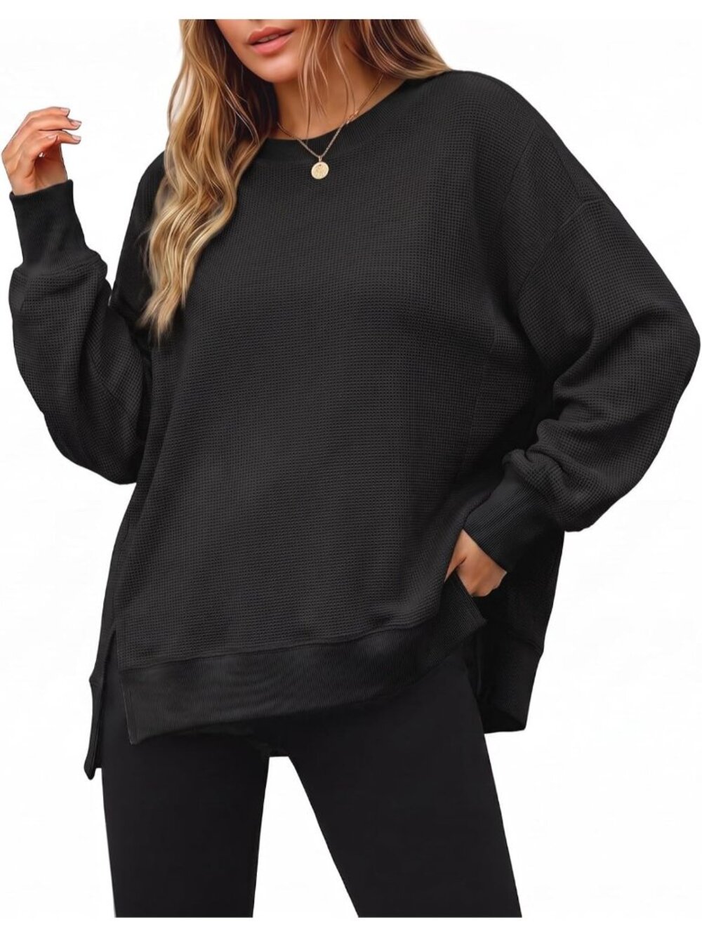 Women's Black Fall Oversized Sweatshirt Casual Waffle Knit Long Tunic Tops